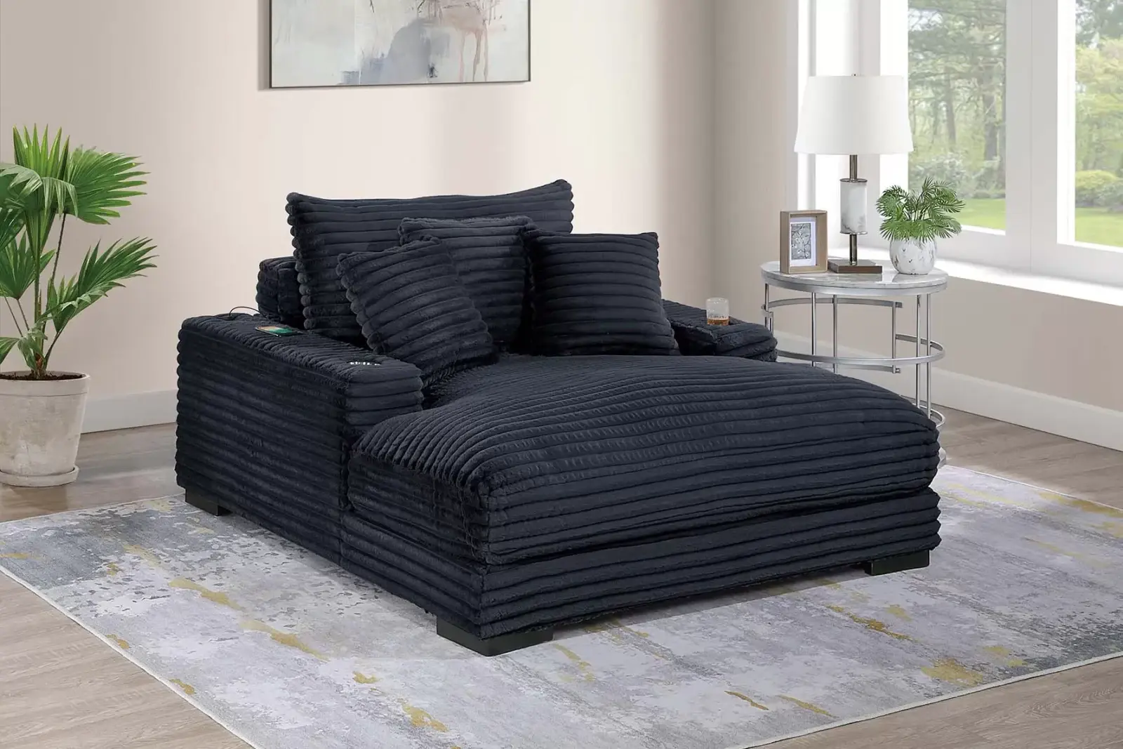 Black F8327 chaise lounge with three accent pillows in a furnished room