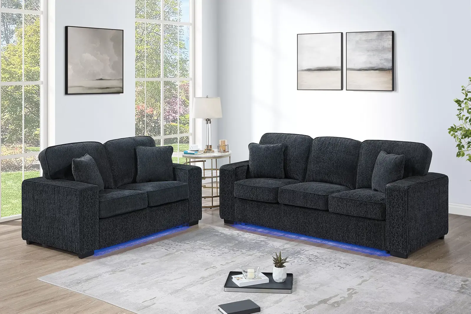 Black LED-Lighted Two-Piece Sofa and Loveseat Set, official Poundex view 1 of the exact F7495 sofa-and-loveseat set