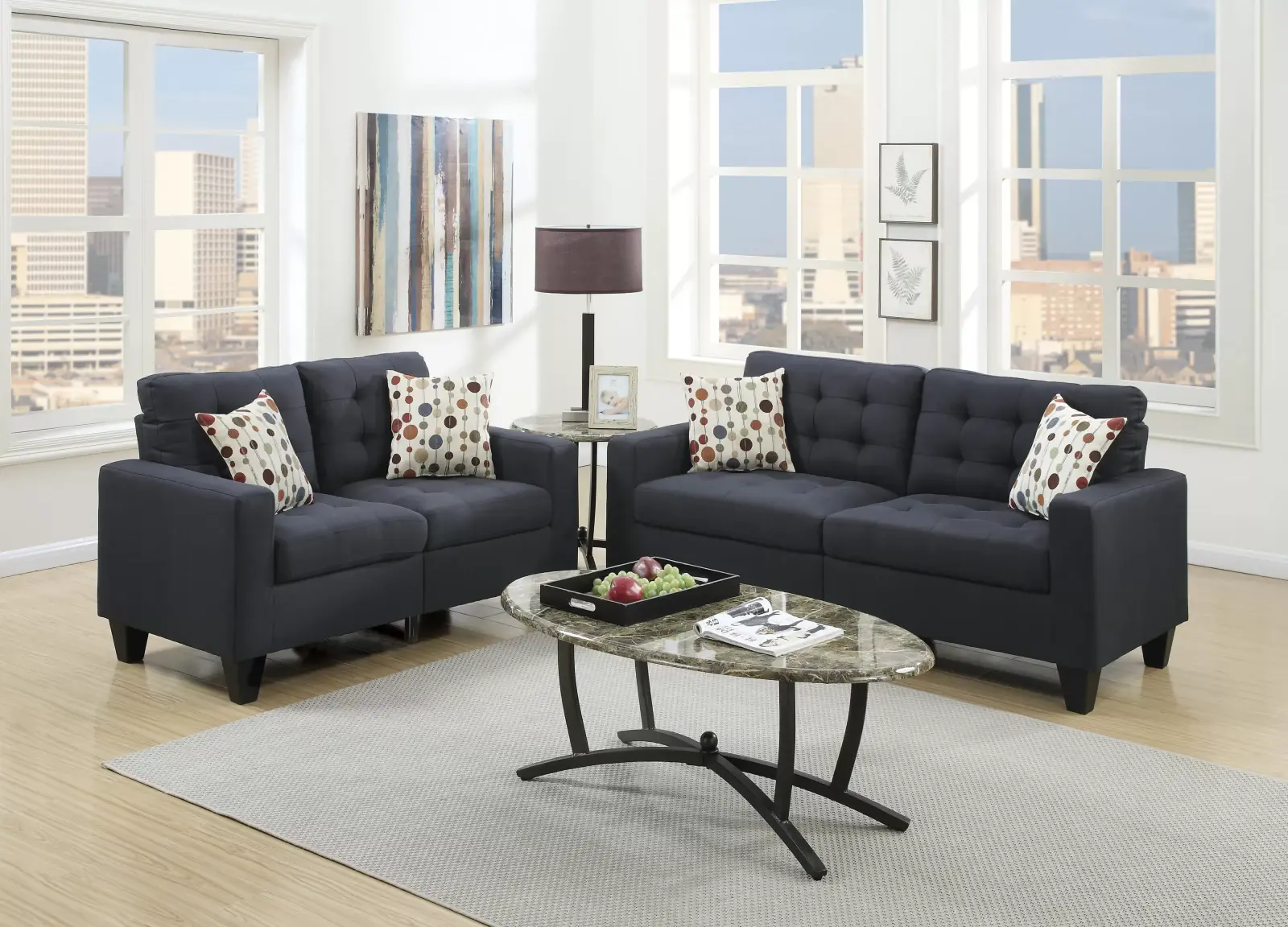 Black Linen-Look Tufted Two-Piece Sofa and Loveseat Set, official Poundex view 1 of the exact F6903 sofa-and-loveseat set