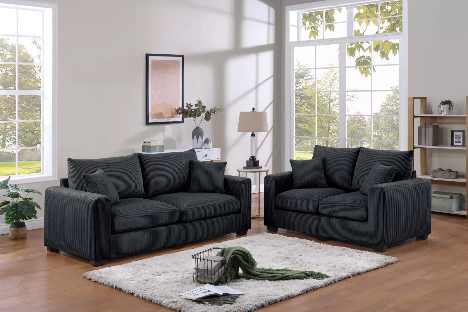 Black Square-Arm Corduroy Two-Piece Sofa and Loveseat Set, official Poundex view 1 of the exact F8313 sofa-and-loveseat set