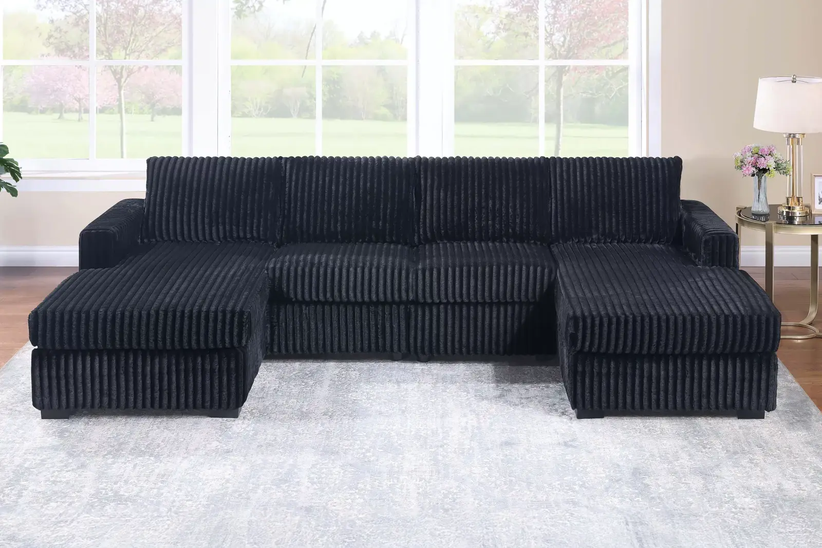 Juego seccional negro de tres piezas con doble chaise, vista oficial de Poundex 1 de la configuración F8333