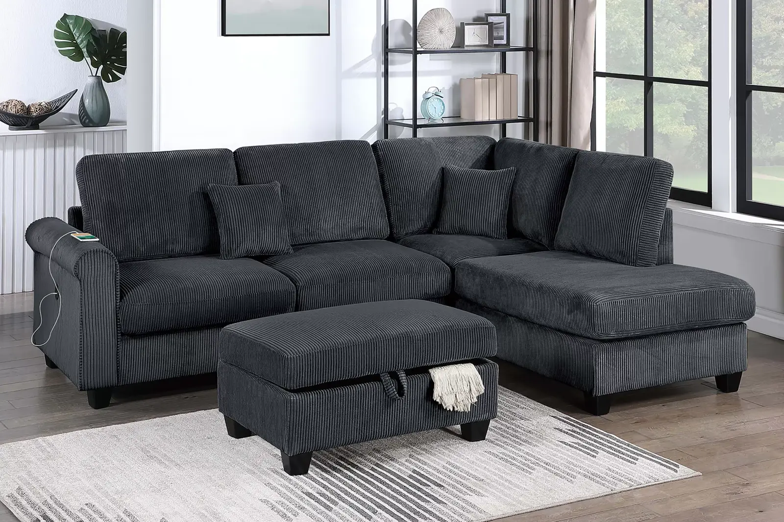 Black Three-Piece Sectional with Storage Ottoman, official Poundex view 1 of the F8300 configuration
