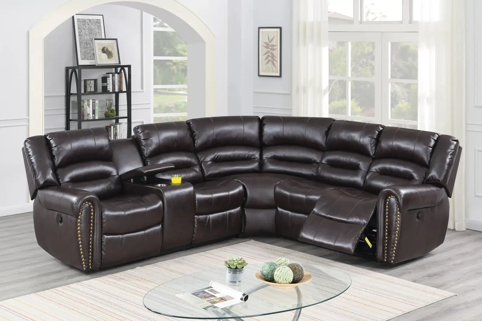 Brown Bonded-Leather Power Reclining Sectional with Console and USB Charging, official Poundex view 1 of exact F86613