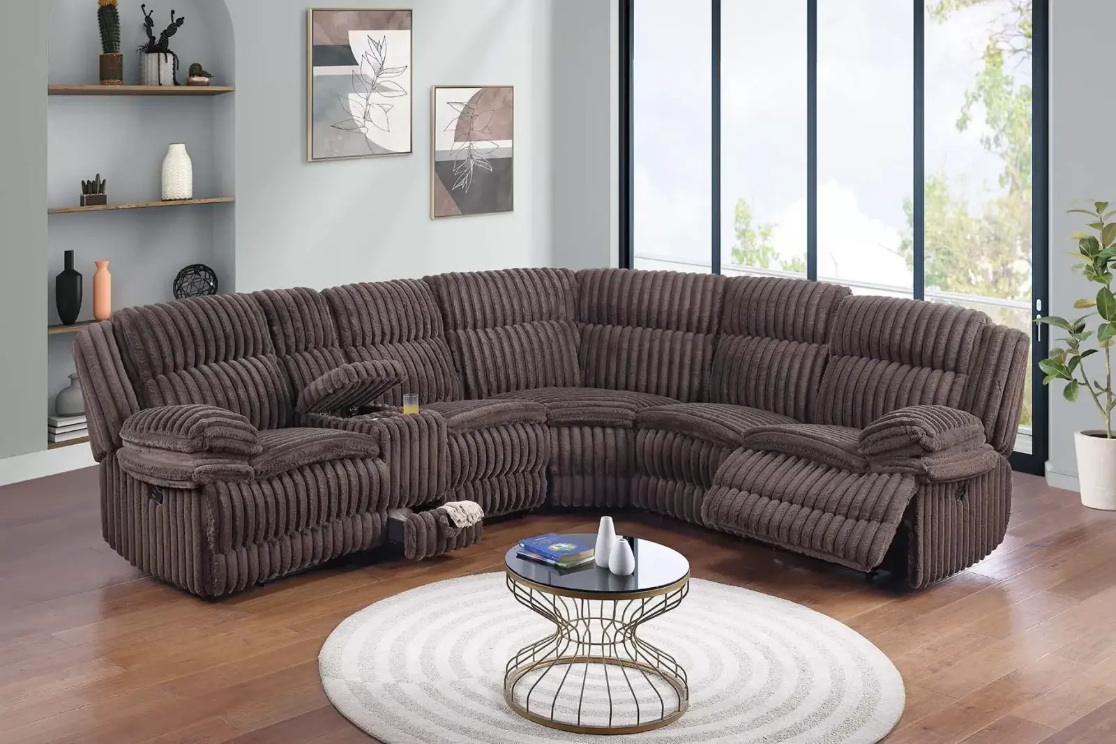 Chocolate Fur-Like Corduroy Manual Reclining Sectional with Storage Console, official Poundex view 1 of exact F8131