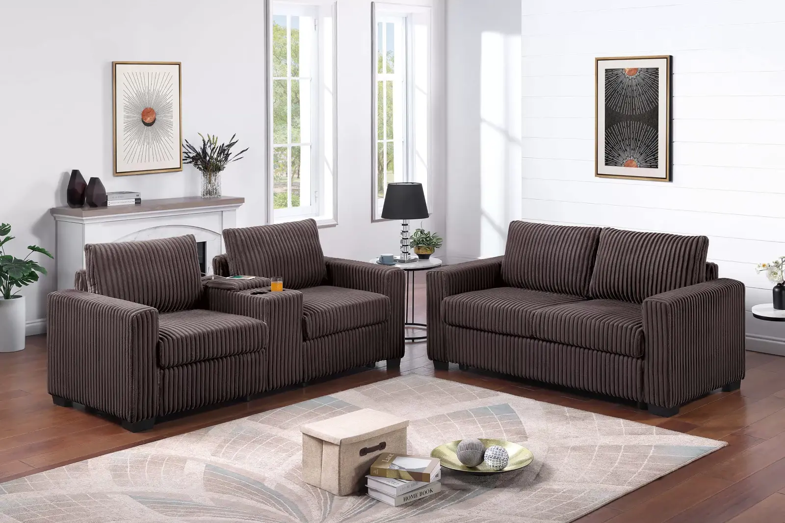 Chocolate Fur-Like Corduroy Two-Piece Sofa and Loveseat Set with Charging Console, official Poundex view 1 of the exact F8348 sofa-and-loveseat set