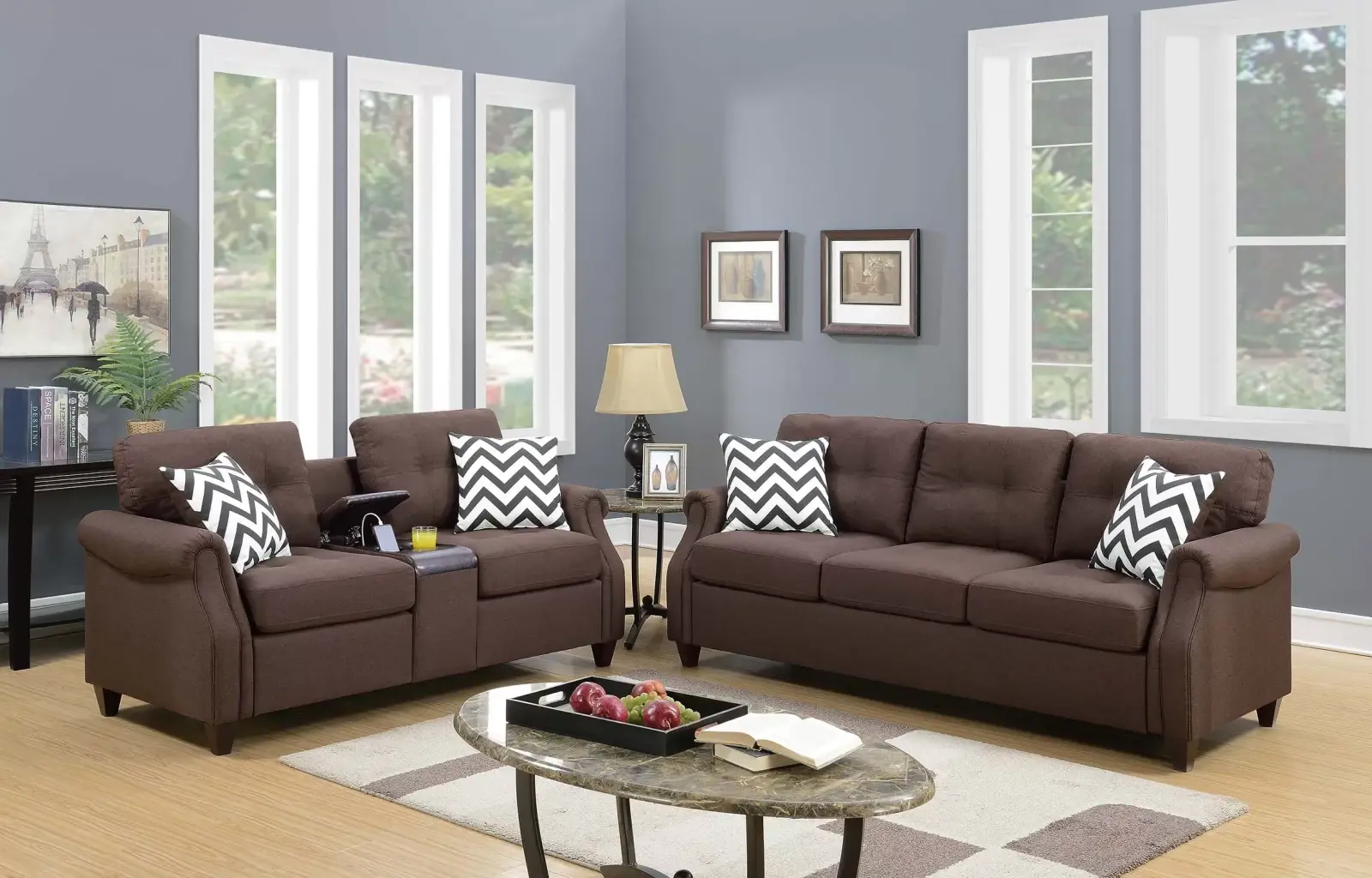 Dark Coffee Linen-Look Two-Piece Sofa and Loveseat Set with Charging Console, official Poundex view 1 of the exact F6413 sofa-and-loveseat set