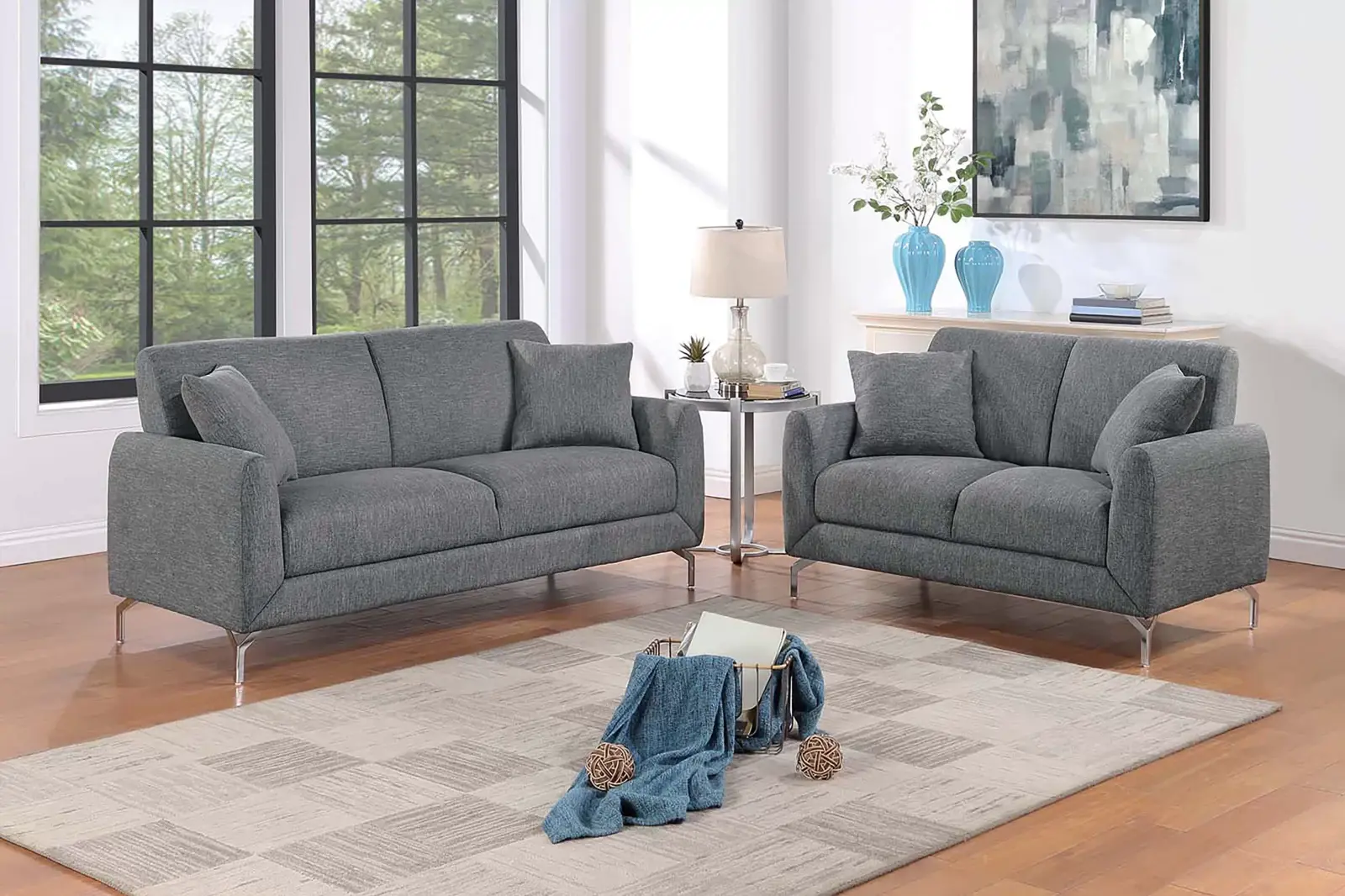 Dark Gray Burlap-Look Chrome-Leg Two-Piece Sofa and Loveseat Set, official Poundex view 1 of the exact F8437 sofa-and-loveseat set