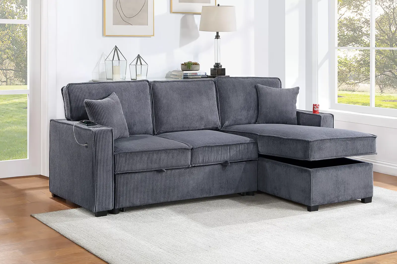 Dark Gray Convertible Sectional with Storage Chaise, official Poundex view 1 of the F8543 configuration