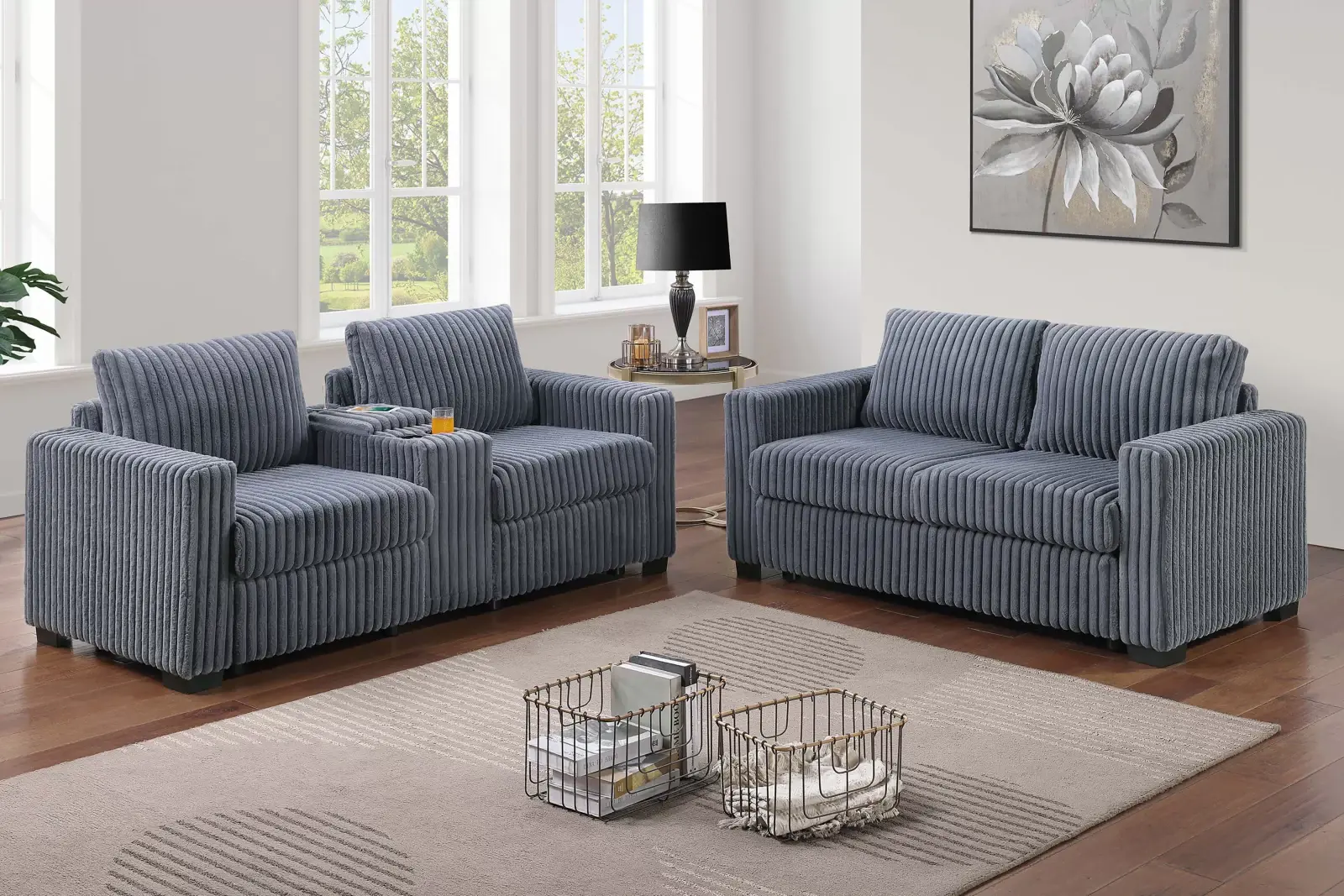 Dark Gray Fur-Like Jumbo-Corduroy Two-Piece Sofa and Loveseat Set with Charging Console, official Poundex view 1 of the exact F8351 sofa-and-loveseat set