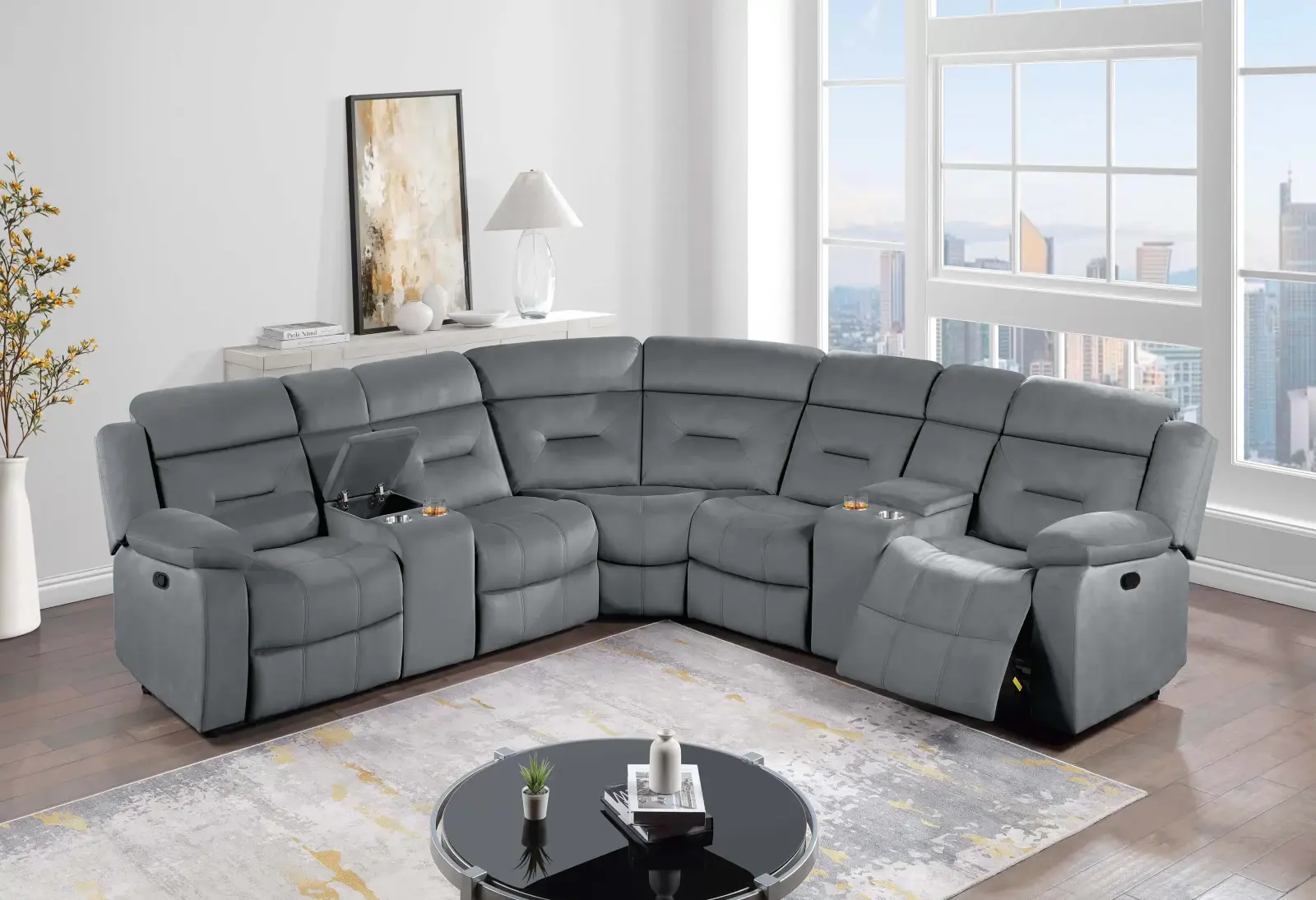 Dark Gray Velvet Manual Reclining Sectional with Two Consoles, official Poundex view 1 of exact F8144