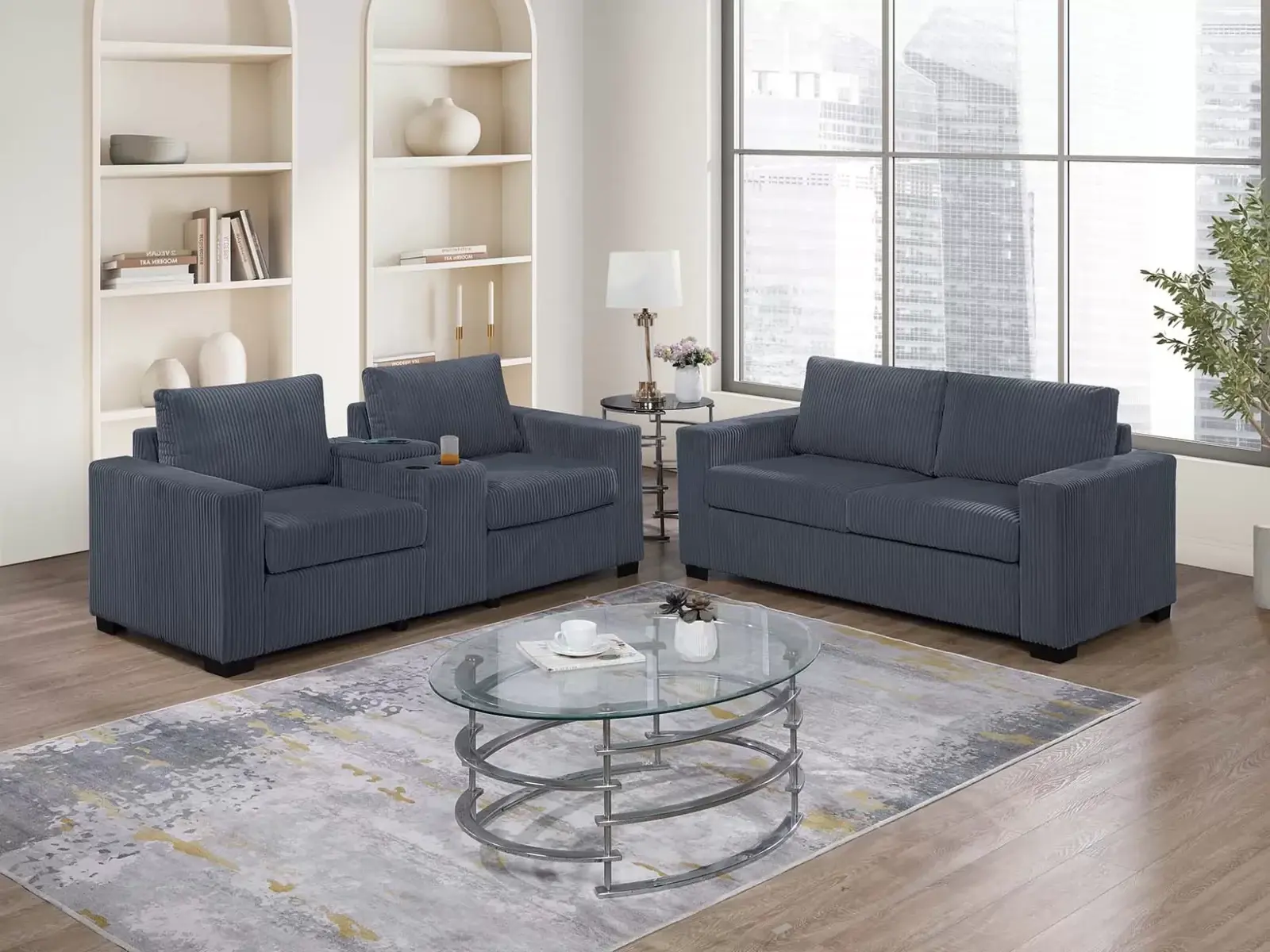Dark Gray Wide-Welt Corduroy Two-Piece Sofa and Loveseat Set with Charging Console, official Poundex view 1 of the exact F8459 sofa-and-loveseat set