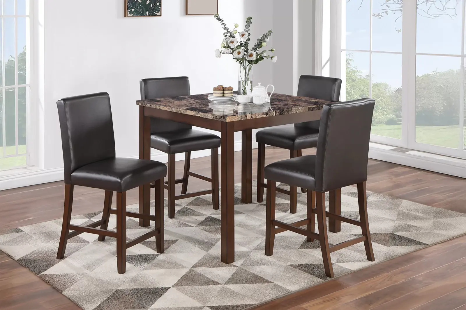 Espresso Faux-Marble Five-Piece Counter-Height Dining Set, official Poundex view 1 of the F2615 configuration