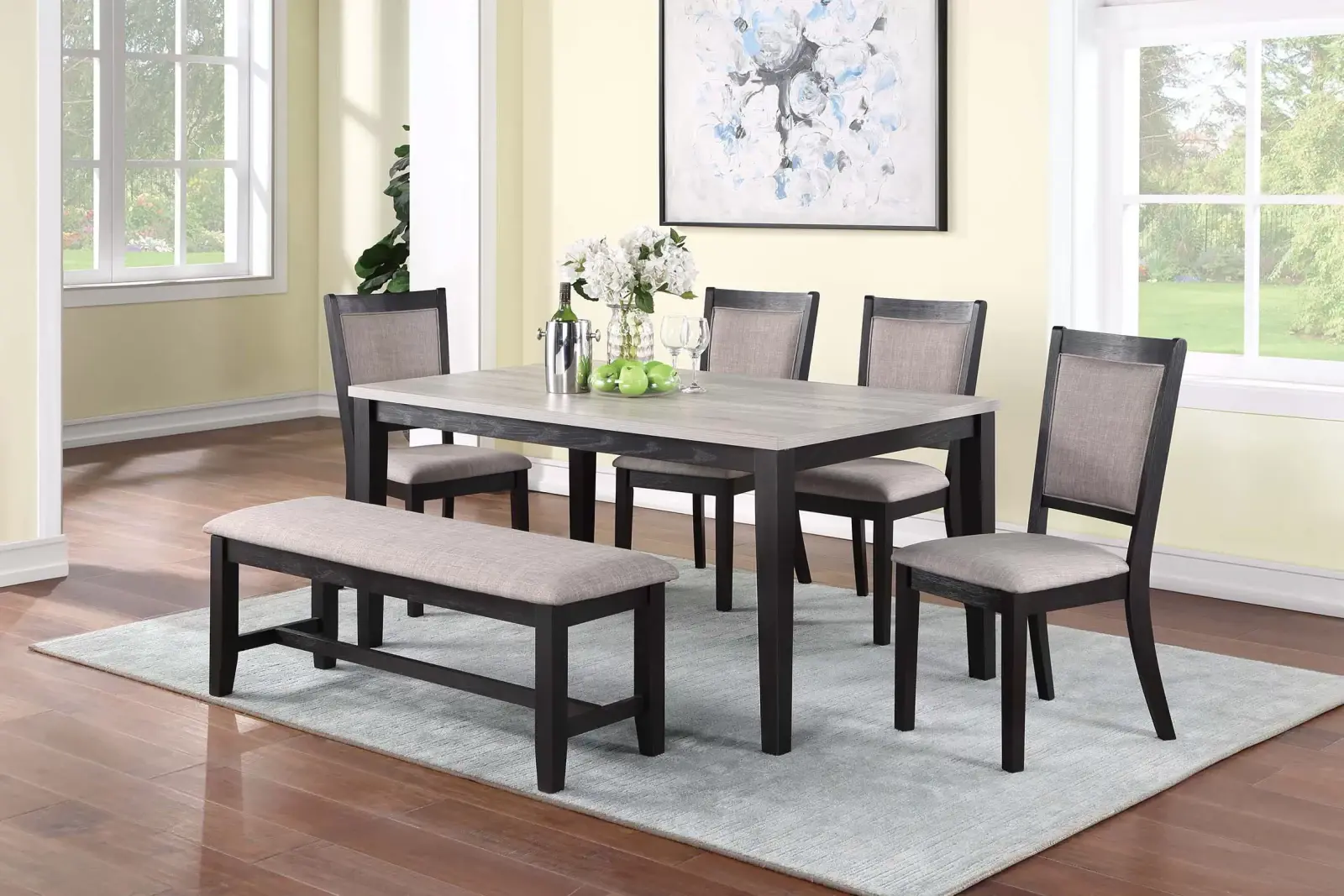 Juego de comedor espresso de seis piezas con banca, vista oficial de Poundex 1 de la configuración F2607