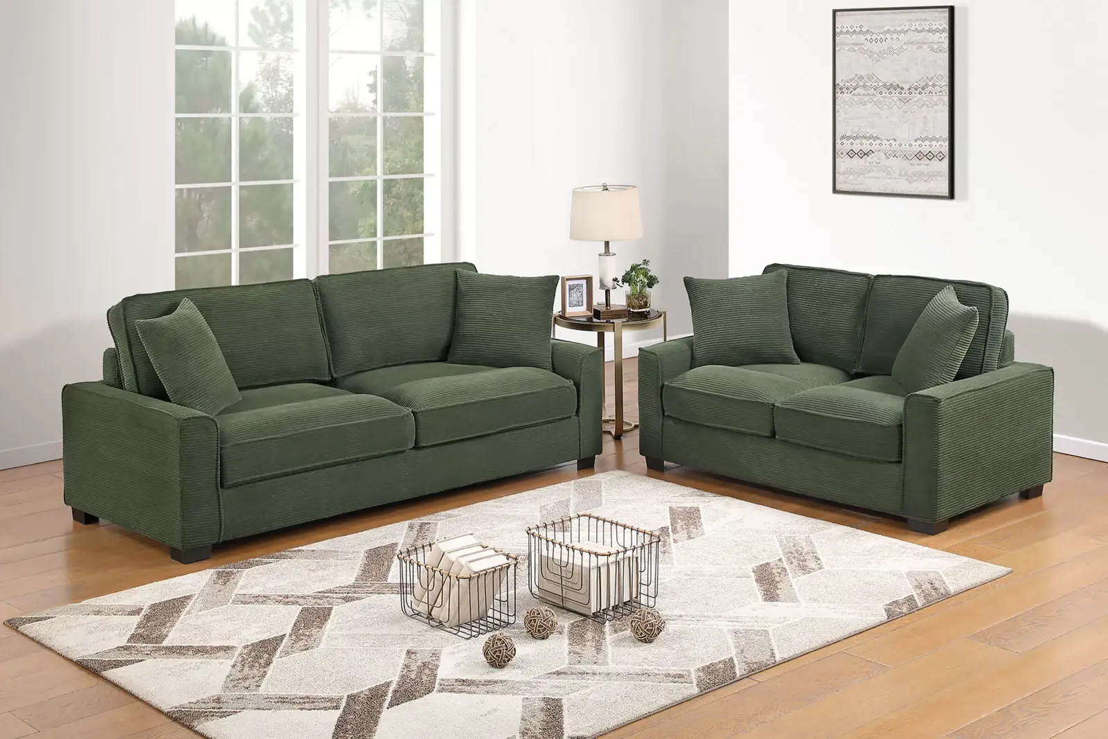 Forest Green Padded-Track-Arm Corduroy Two-Piece Sofa and Loveseat Set, official Poundex view 1 of the exact F8393 sofa-and-loveseat set