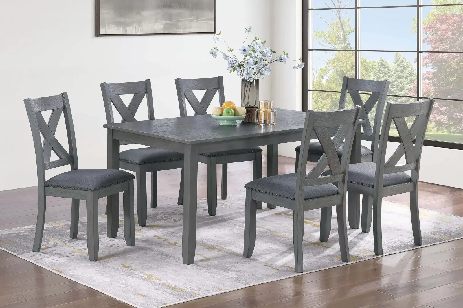 Juego de comedor gris de siete piezas, vista oficial de Poundex 1 de la configuración F2638