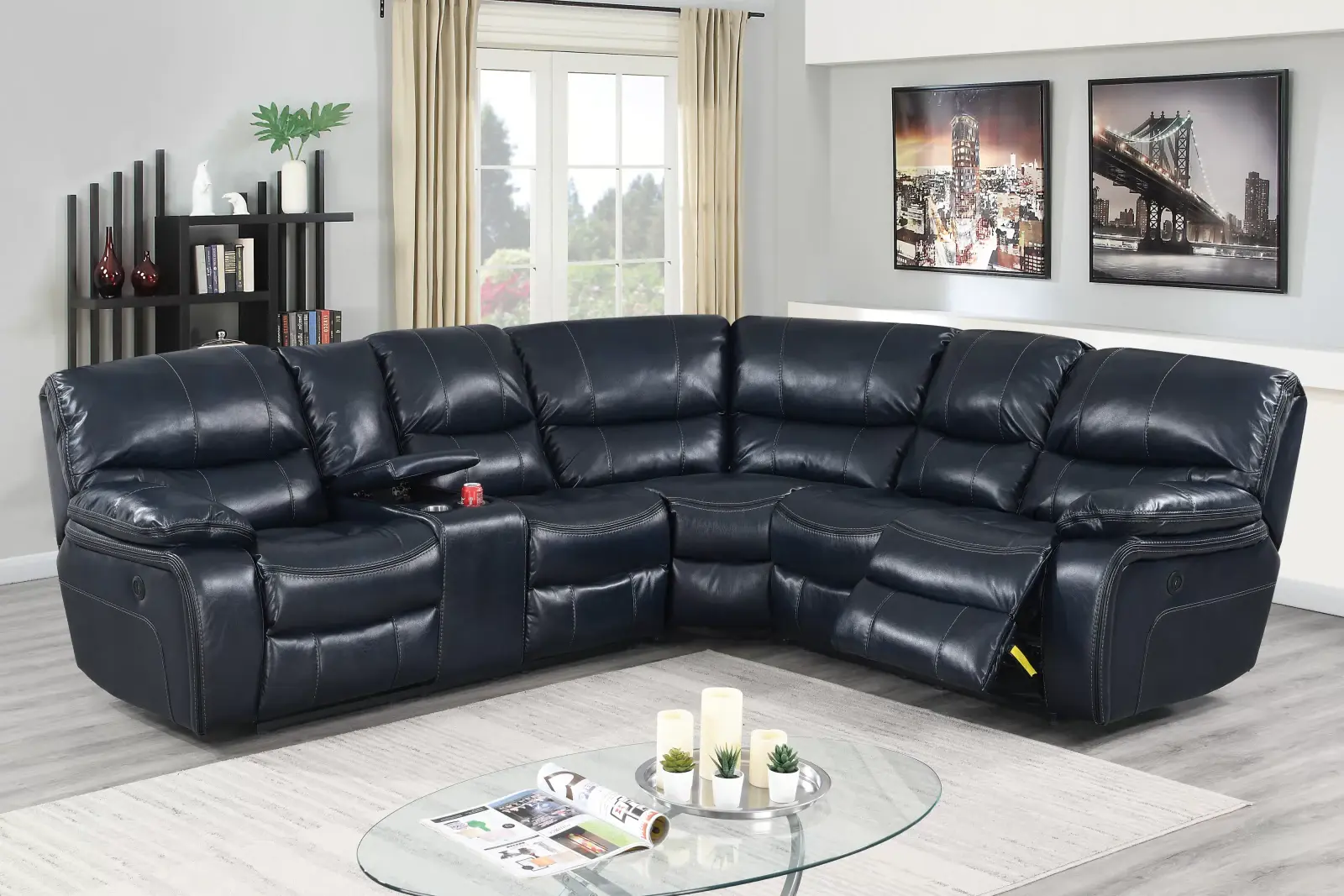 Ink Blue Gel-Leatherette Power Reclining Sectional with Charging Console, official Poundex view 1 of exact F86614