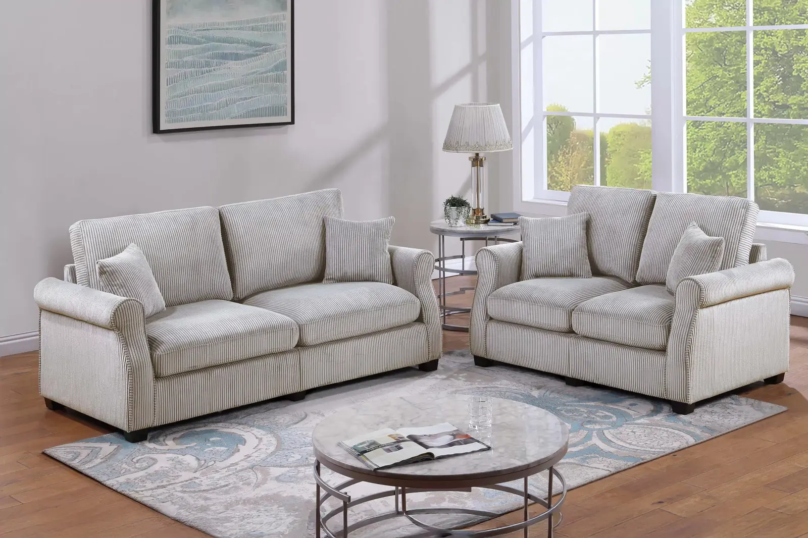 Ivory Sloped-Arm Corduroy Two-Piece Sofa and Loveseat Set, official Poundex view 1 of the exact F8499 sofa-and-loveseat set