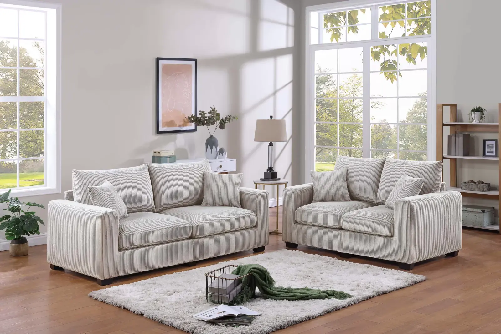 Ivory Square-Arm Corduroy Two-Piece Sofa and Loveseat Set, official Poundex view 1 of the exact F8428 sofa-and-loveseat set