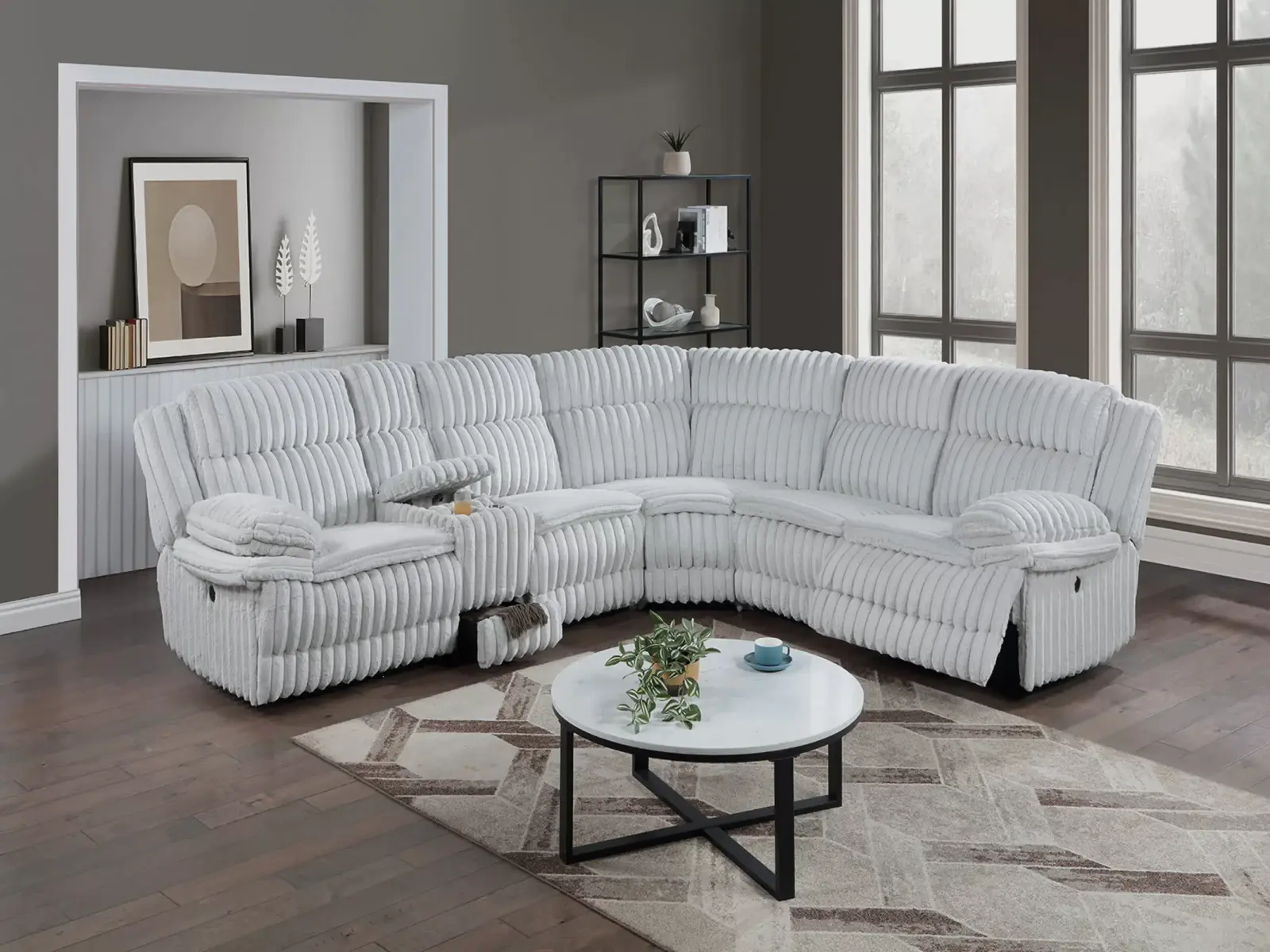 Light Gray Fur-Like Corduroy Manual Reclining Sectional with Storage Console, official Poundex view 1 of exact F8132