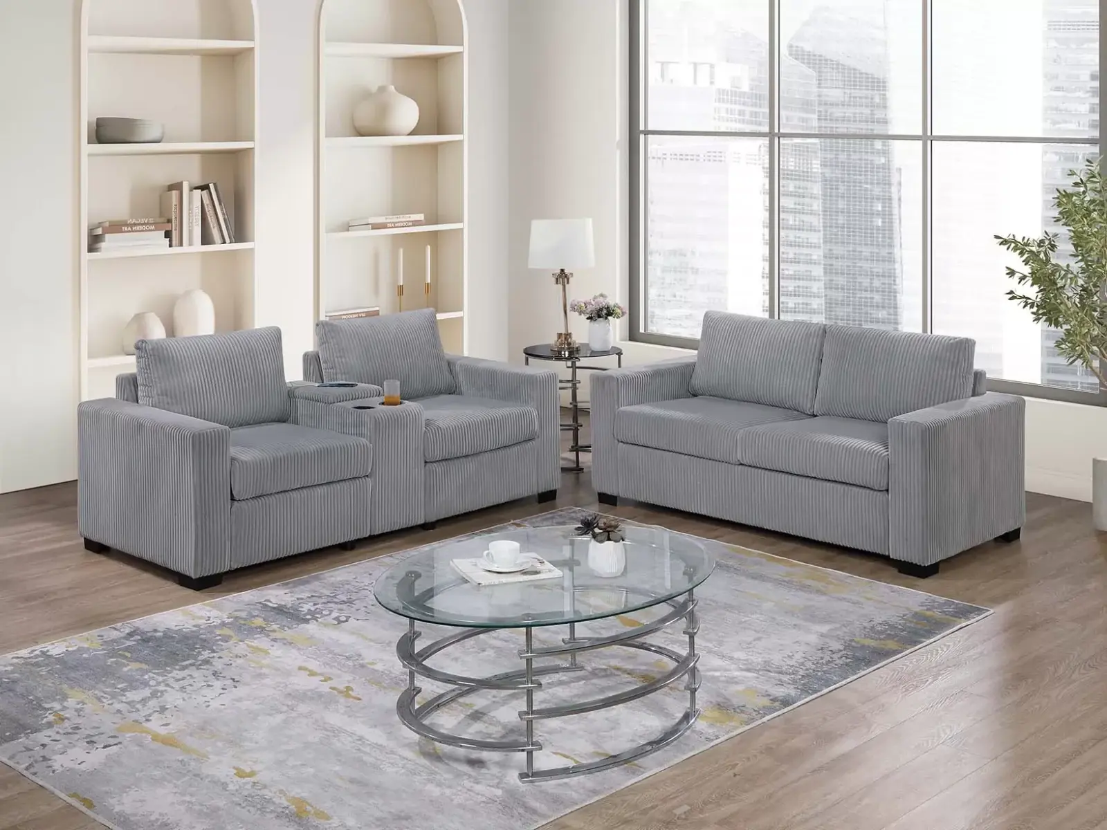 Light Gray Wide-Welt Corduroy Two-Piece Sofa and Loveseat Set with Charging Console, official Poundex view 1 of the exact F8460 sofa-and-loveseat set