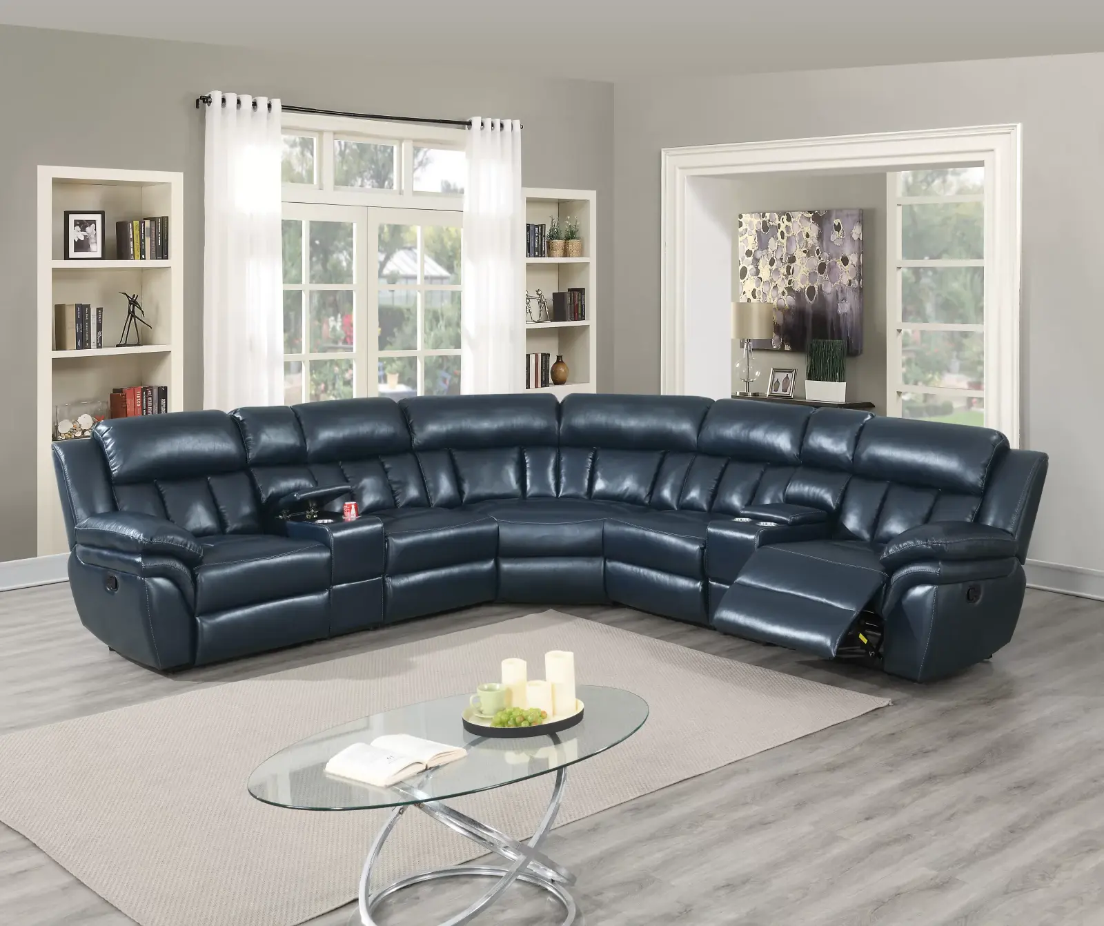 Navy Blue Leather-Gel Manual Reclining Sectional with Two Consoles, official Poundex view 1 of exact F8700