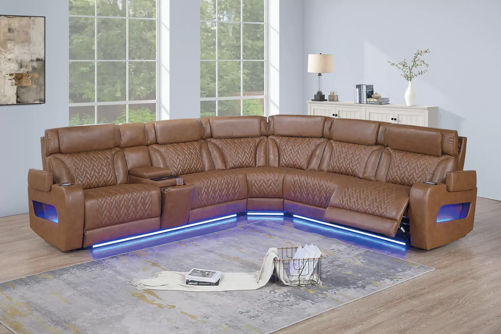 Premium Caramel Zero-Gravity Power Reclining Sectional with LED Lighting, official Poundex view 1 of exact F86758