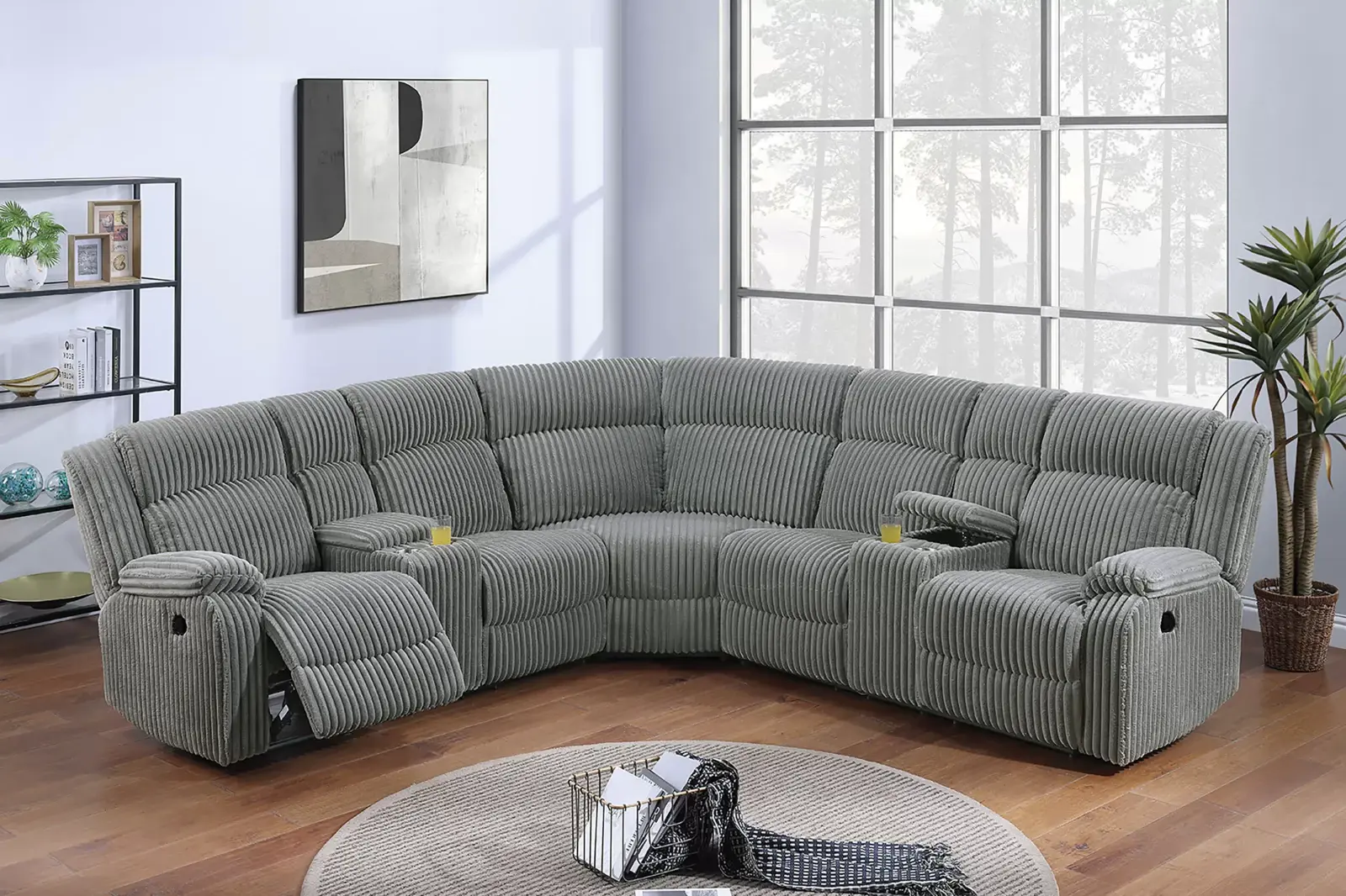 Smoke Corduroy Power Reclining Sectional with Dual Charging Consoles, official Poundex view 1 of exact F86634