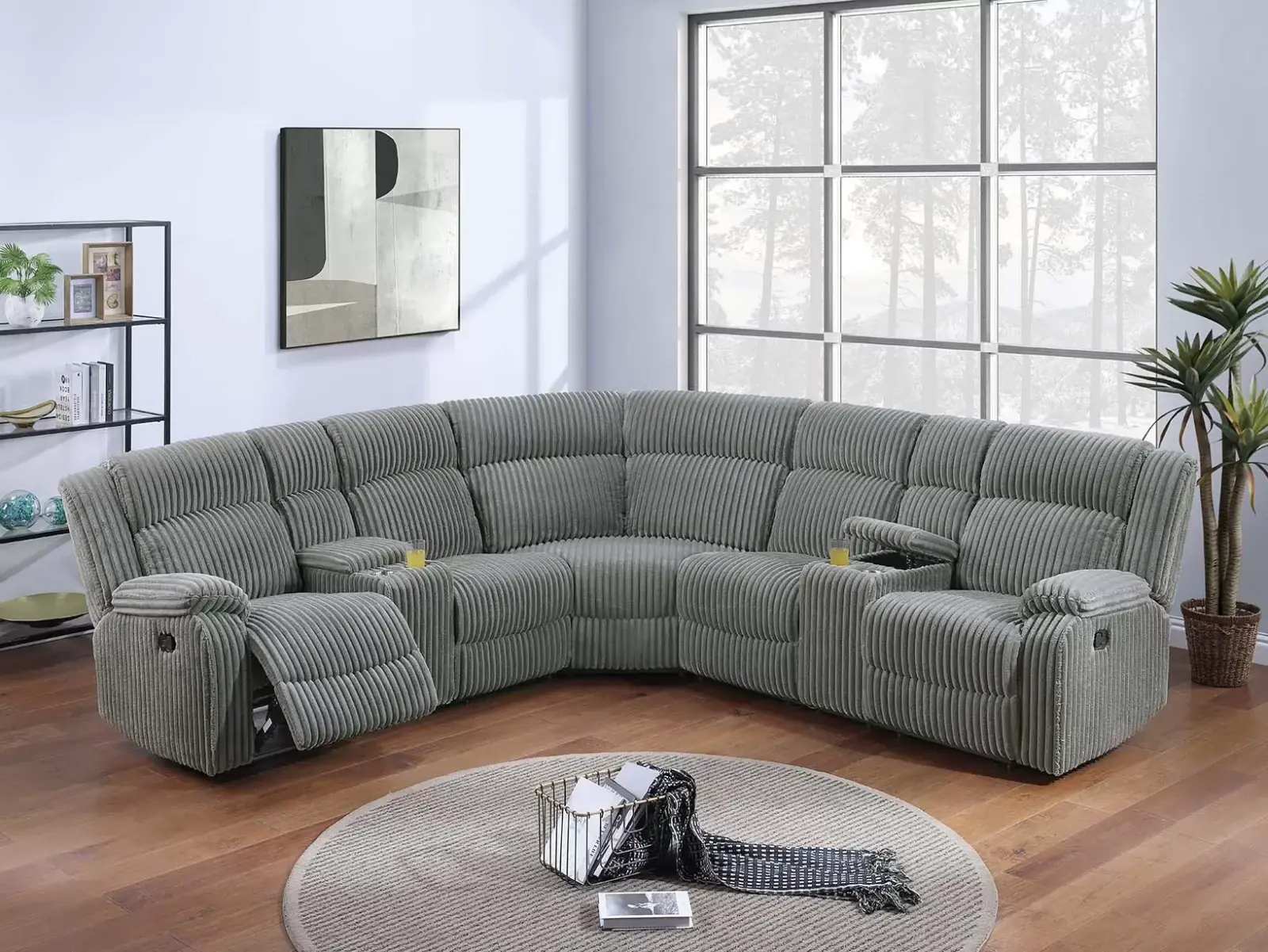 Smoke Fur-Like Corduroy Manual Reclining Sectional with Two Consoles, official Poundex view 1 of exact F8127