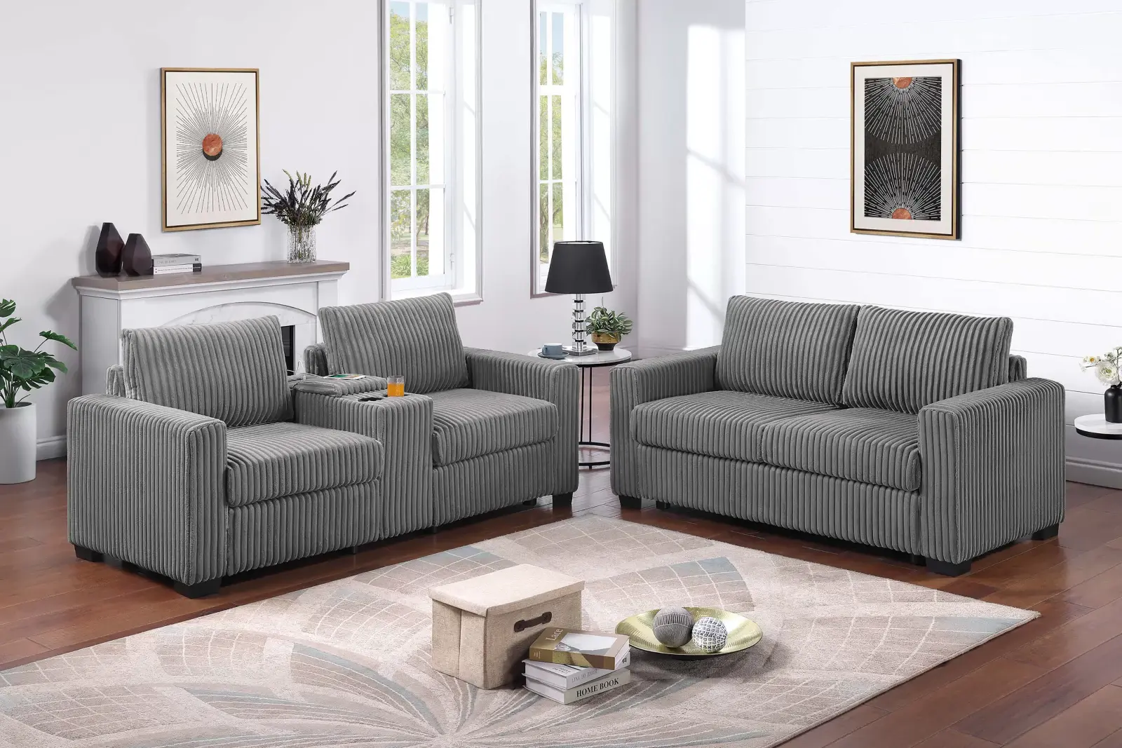Smoke Fur-Like Corduroy Two-Piece Sofa and Loveseat Set with Charging Console, official Poundex view 1 of the exact F8349 sofa-and-loveseat set