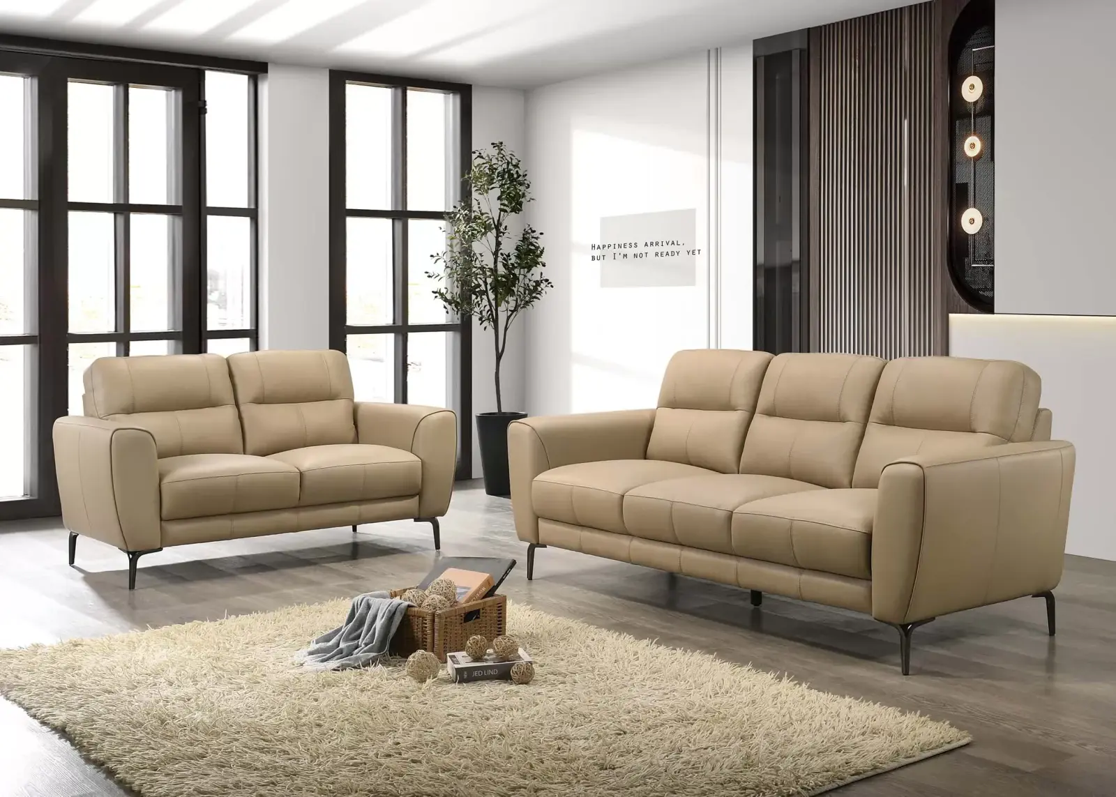 Taupe Leather Two-Piece Sofa and Loveseat Set, official Poundex view 1 of the exact F8420 sofa-and-loveseat set