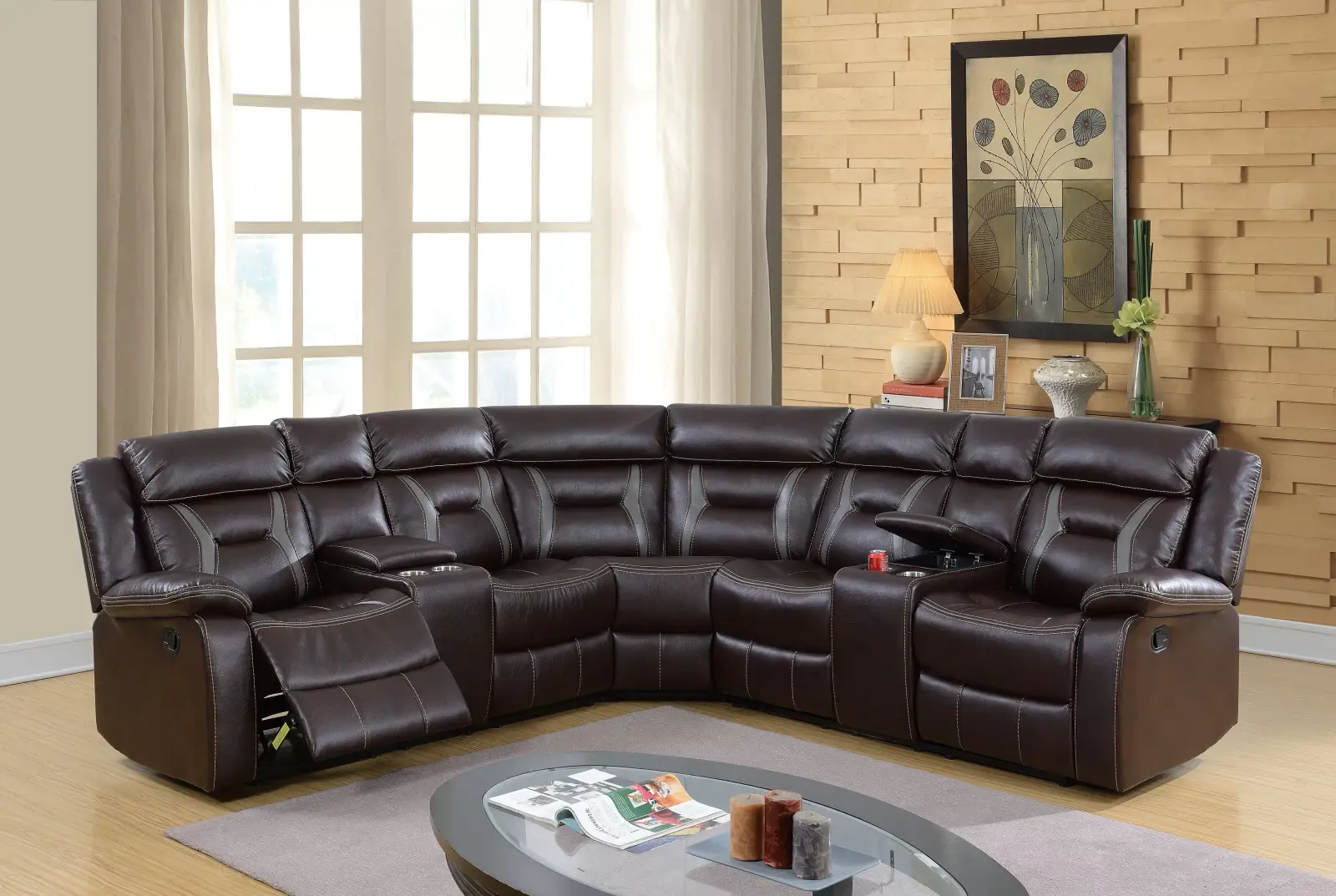 Three-Piece Gel-Leatherette Motion Reclining Sectional with Cup Holders, official Poundex view 1 of exact F6649