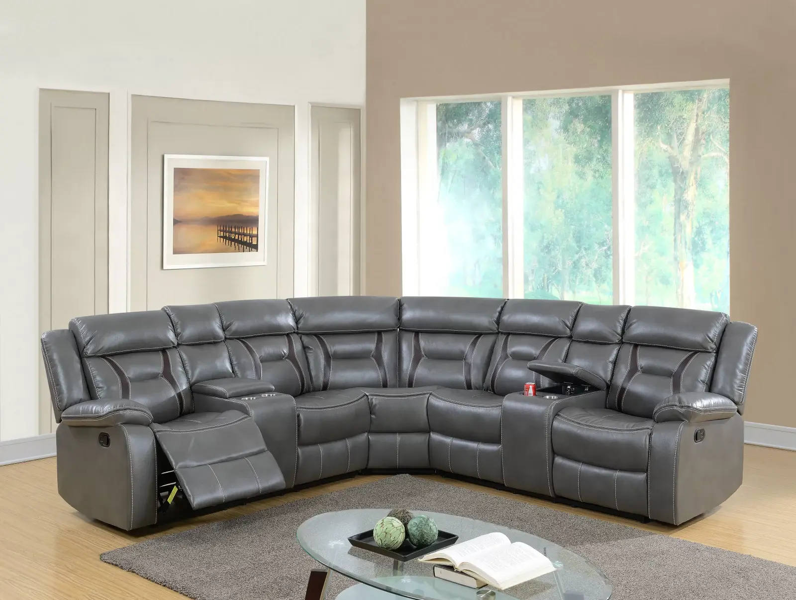 Three-Piece Gel-Leatherette Motion Reclining Sectional with Cup Holders, official Poundex view 1 of exact F6650