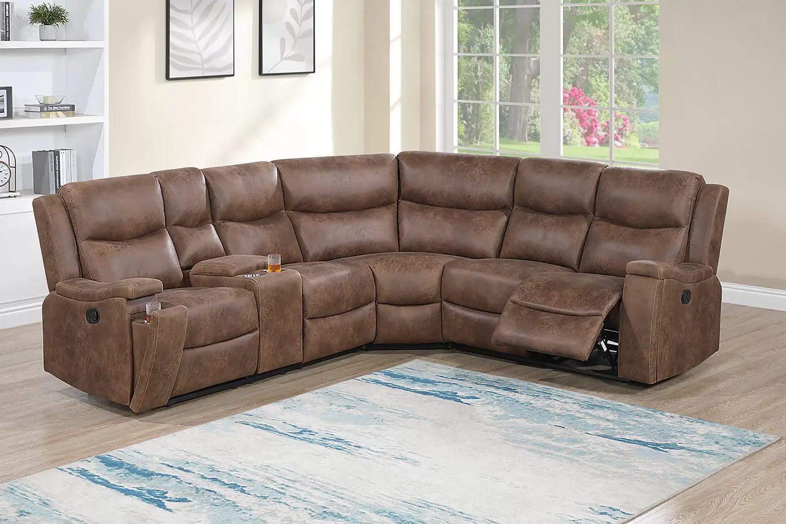 Walnut Leather-Like Manual Reclining Sectional with Hidden Cup Holders, official Poundex view 1 of exact F8150