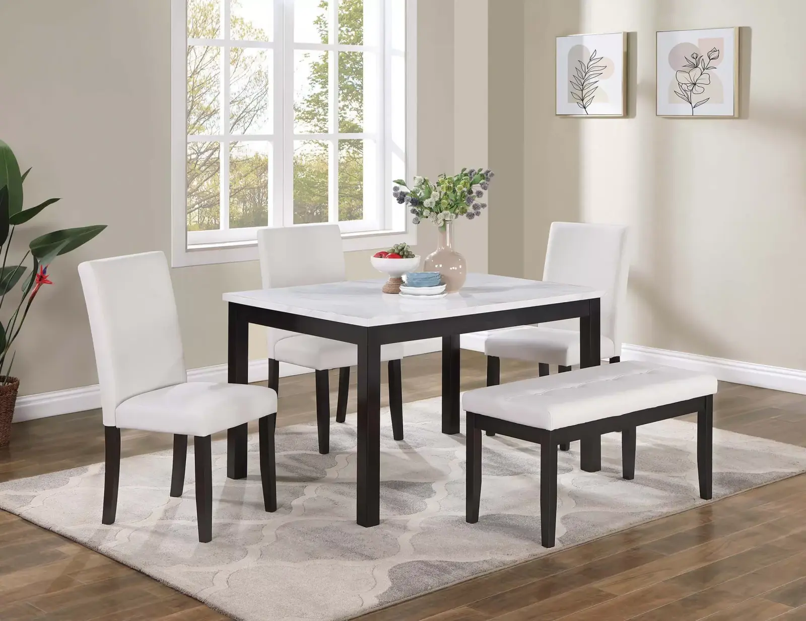 White Five-Piece Dining Set with Bench, official Poundex view 1 of the F2616 configuration