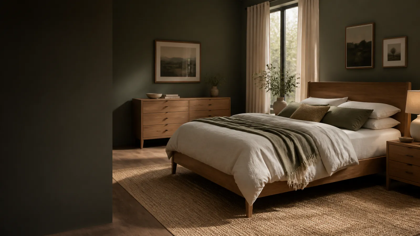 Recámara tranquila con cama y muebles complementarios