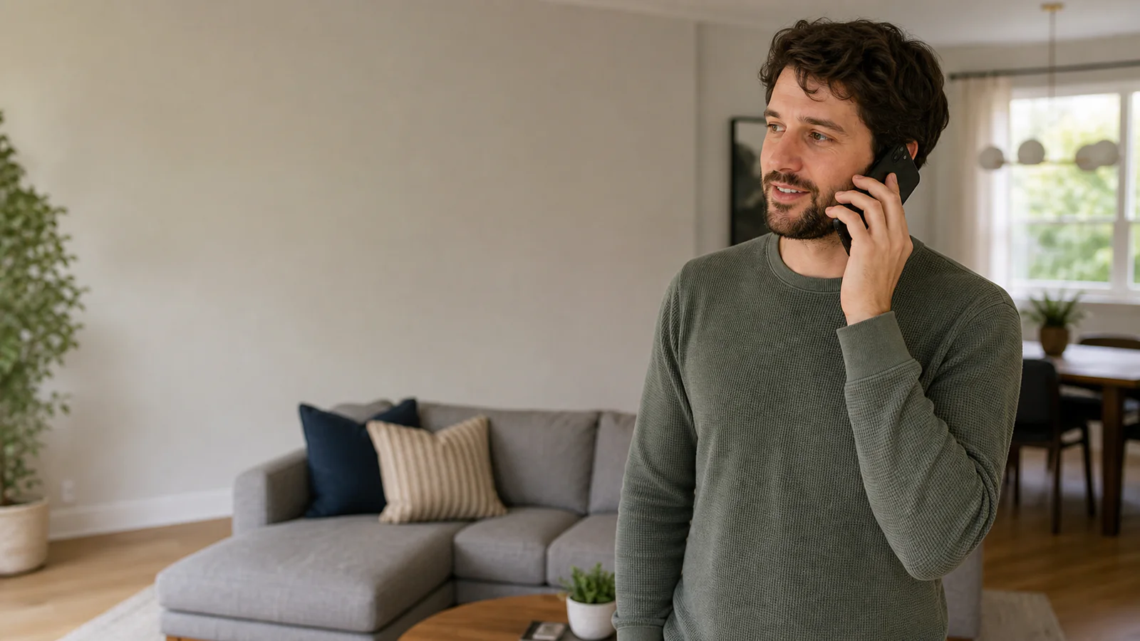 Una persona habla por teléfono desde una sala cómoda mientras pregunta por muebles.