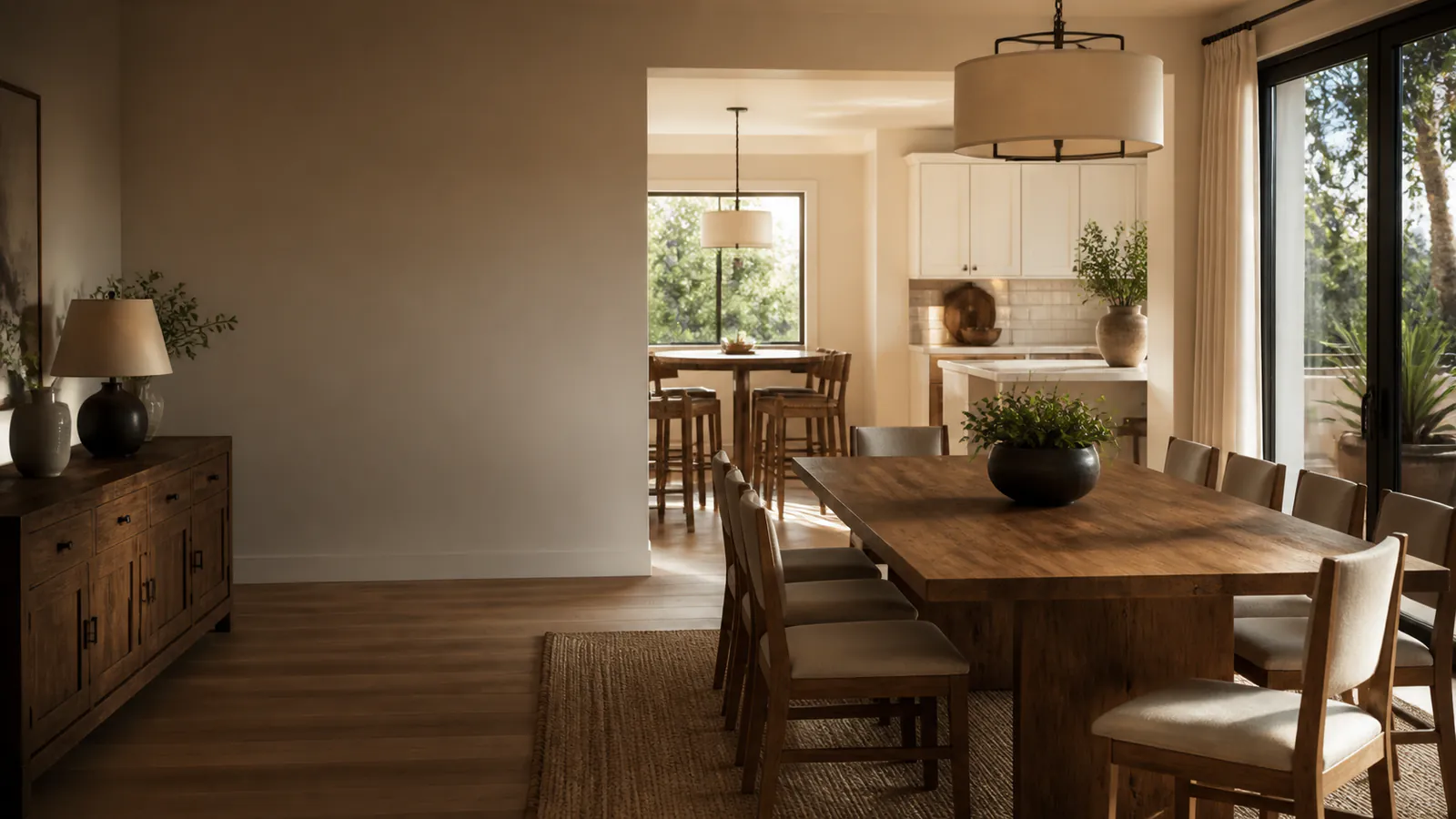 Warm dining room prepared for a gathering