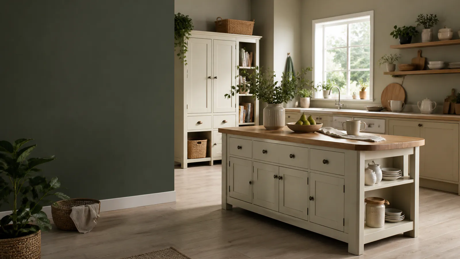 Cocina organizada con isla y muebles de almacenamiento