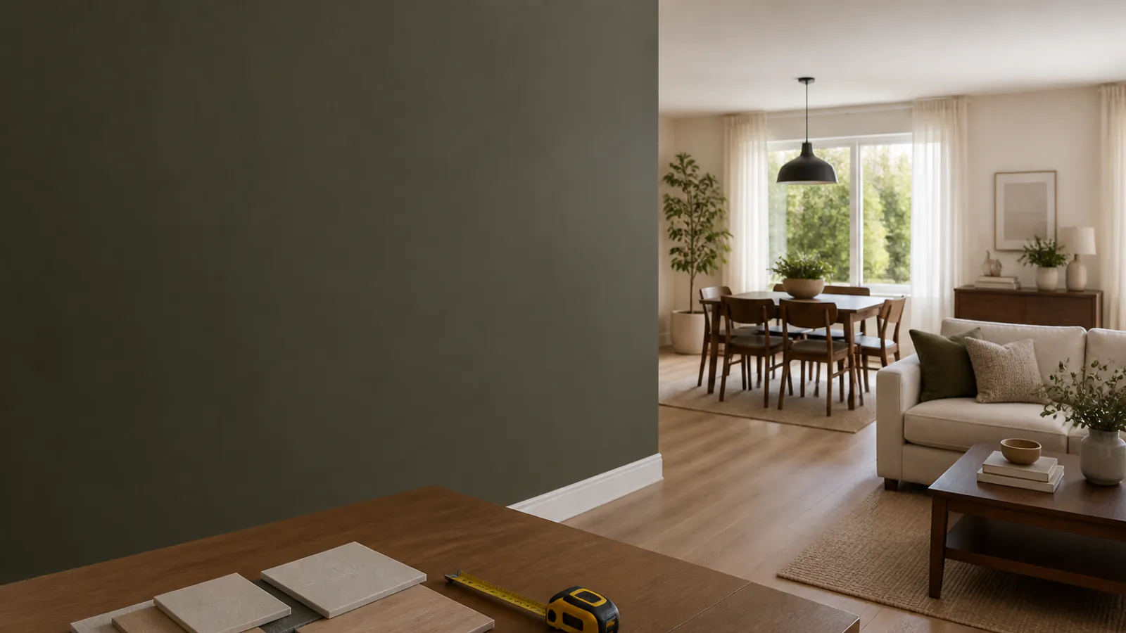 Planning table with samples and measuring tape in a furnished home