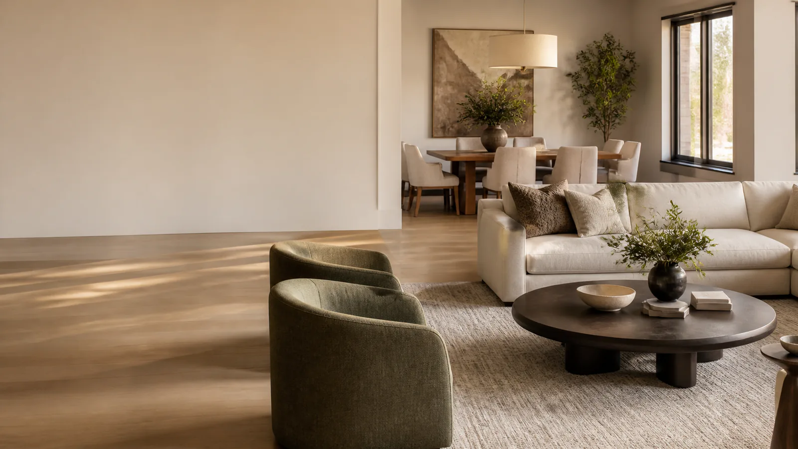 Coordinated living and dining interior in a warm home