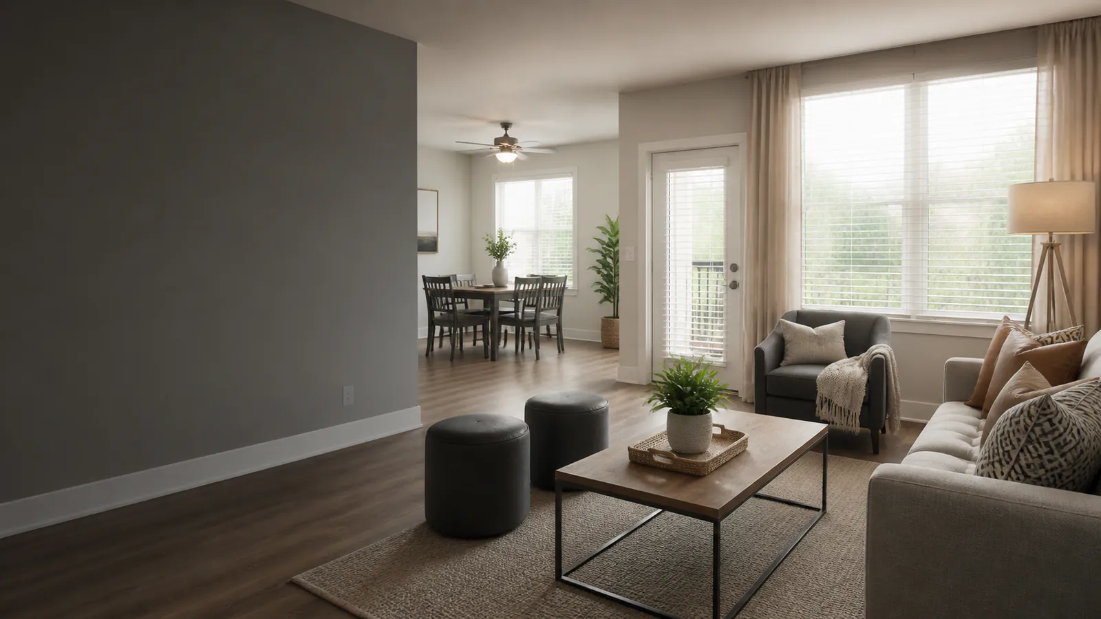 Furnished apartment with coordinated living and dining areas