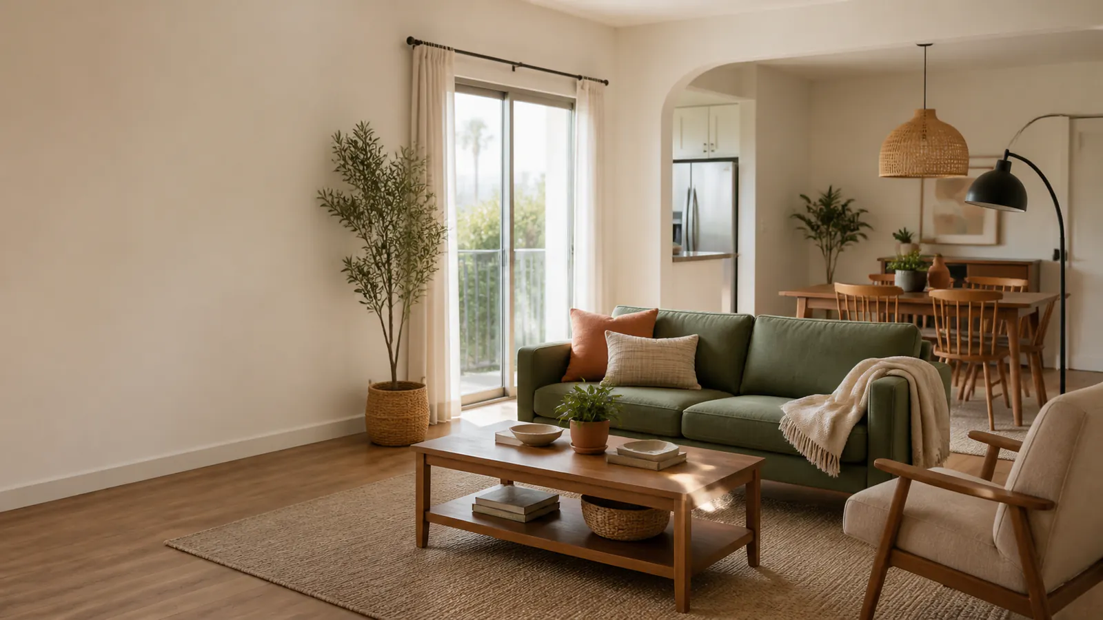 Warm living and dining room with attainable furniture styling