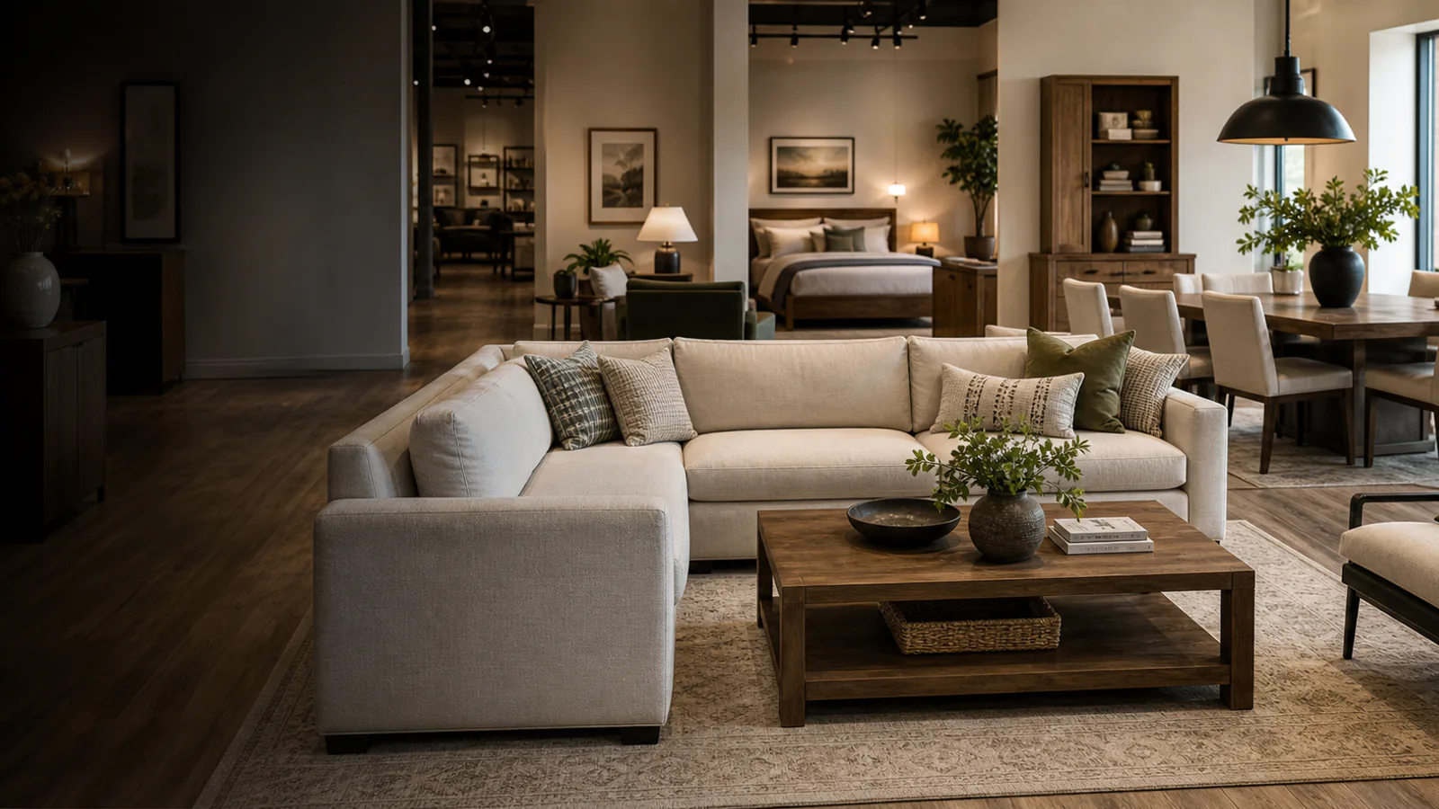 Warm open-plan living and dining room with furniture for several home spaces