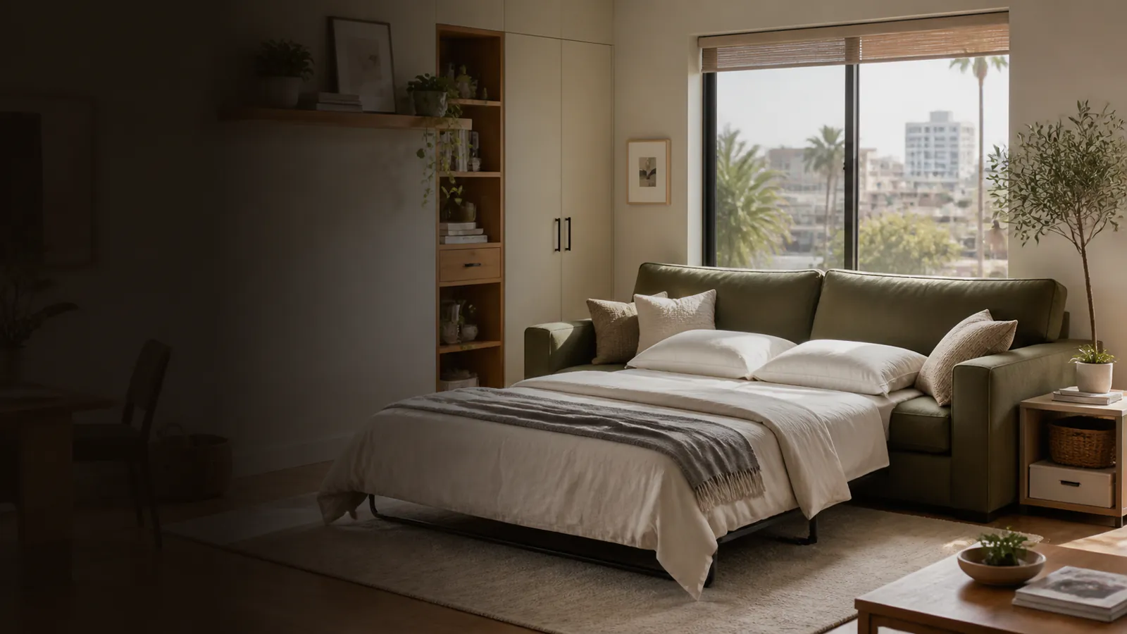 Compact living space with convertible seating prepared for guests